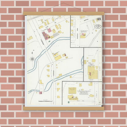 Old map wall art mockup — magnetic wood frame on brick wall — Sanborn Fire Insurance Map from Flint, Genesee County, Michigan (1902), Sheet #0025