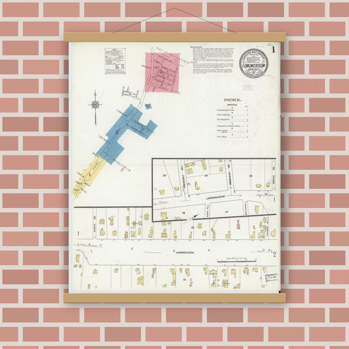 Old map wall art mockup — magnetic wood frame on brick wall — Sanborn Fire Insurance Map from Longmeadow, Hampden County, Massachusetts (1911), Sheet #0001