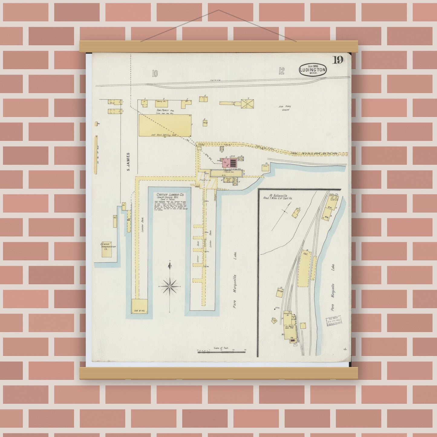 Old map wall art mockup — magnetic wood frame on brick wall — Sanborn Fire Insurance Map from Ludington, Mason County, Michigan (1895), Sheet #0019