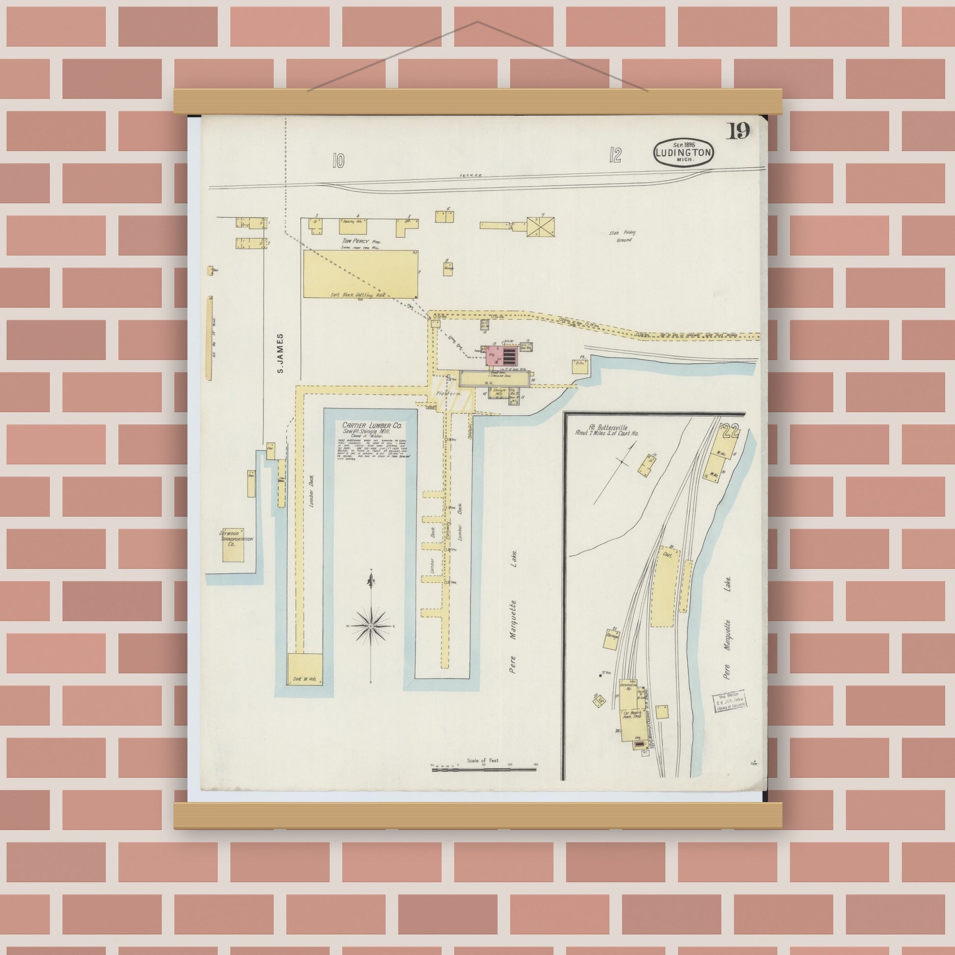 Old map wall art mockup — magnetic wood frame on brick wall — Sanborn Fire Insurance Map from Ludington, Mason County, Michigan (1895), Sheet #0019
