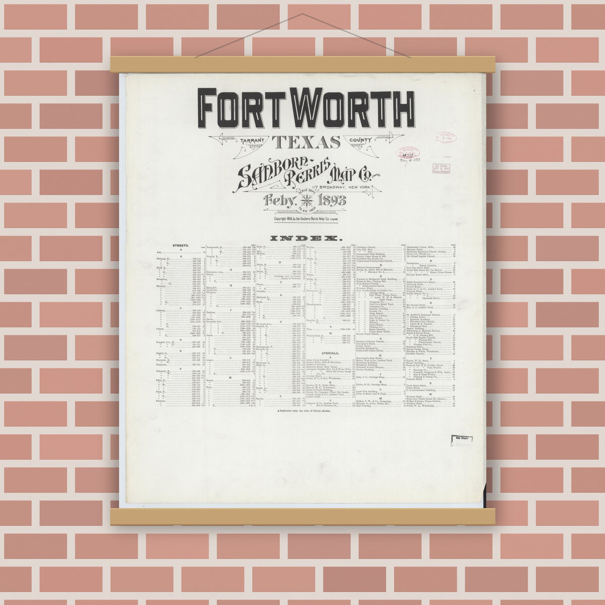 Old map wall art mockup — magnetic wood frame on brick wall — Sanborn Fire Insurance Map from Fort Worth, Tarrant County, Texas (1893), Sheet #0001
