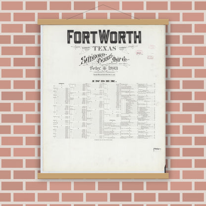 Old map wall art mockup — magnetic wood frame on brick wall — Sanborn Fire Insurance Map from Fort Worth, Tarrant County, Texas (1893), Sheet #0001