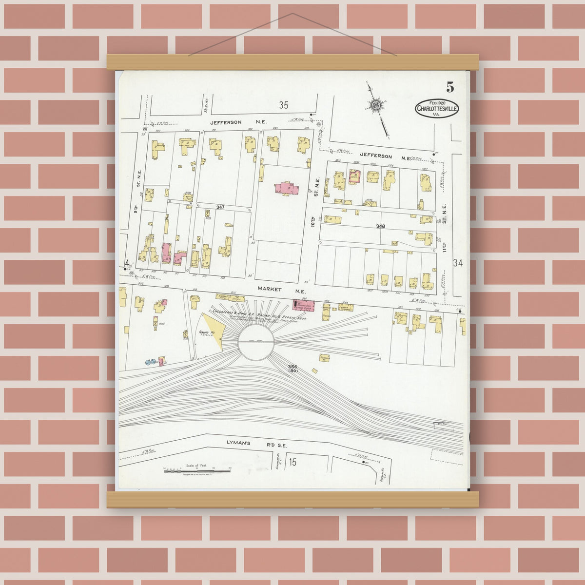 Old map wall art mockup — magnetic wood frame on brick wall — Sanborn Fire Insurance Map from Charlottesville, Independent Cities, Virginia (1920), Sheet #0005
