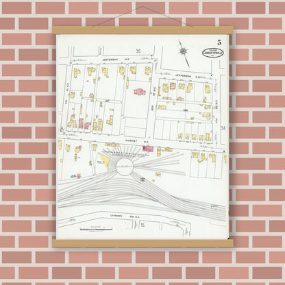 Old map wall art mockup — magnetic wood frame on brick wall — Sanborn Fire Insurance Map from Charlottesville, Independent Cities, Virginia (1920), Sheet #0005