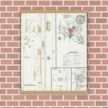 Old map wall art mockup — magnetic wood frame on brick wall — Sanborn Fire Insurance Map from Lake Mills, Jefferson County, Wisconsin (1903), Sheet #0001