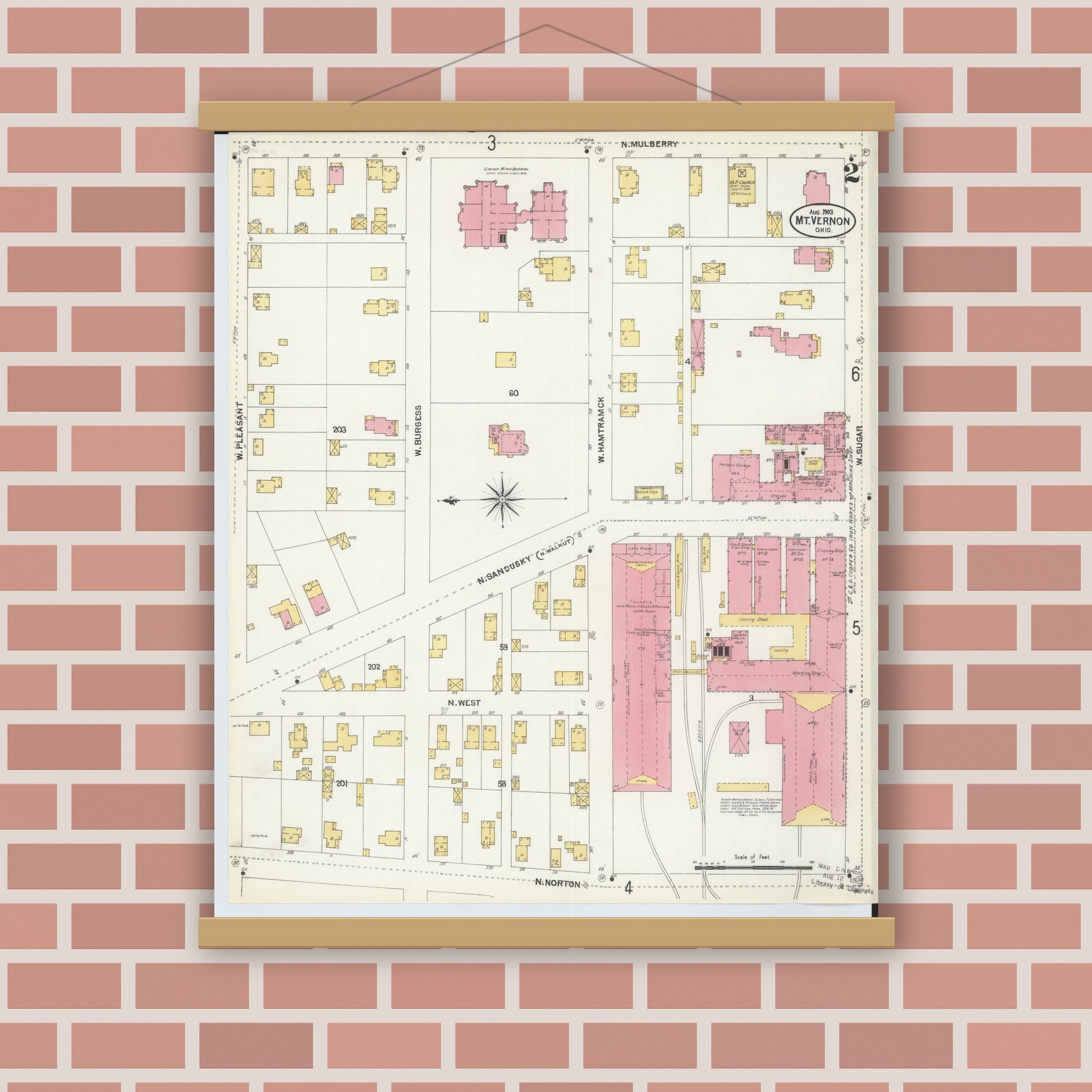 Old map wall art mockup — magnetic wood frame on brick wall — Sanborn Fire Insurance Map from Mount Vernon, Knox County, Ohio (1903), Sheet #0002