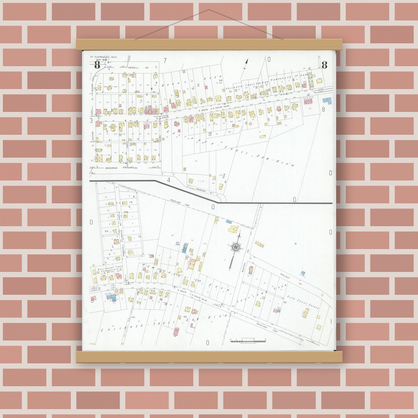 Old map wall art mockup — magnetic wood frame on brick wall — Sanborn Fire Insurance Map from Saint Clairsville, Belmont County, Ohio (1946), Sheet #0008