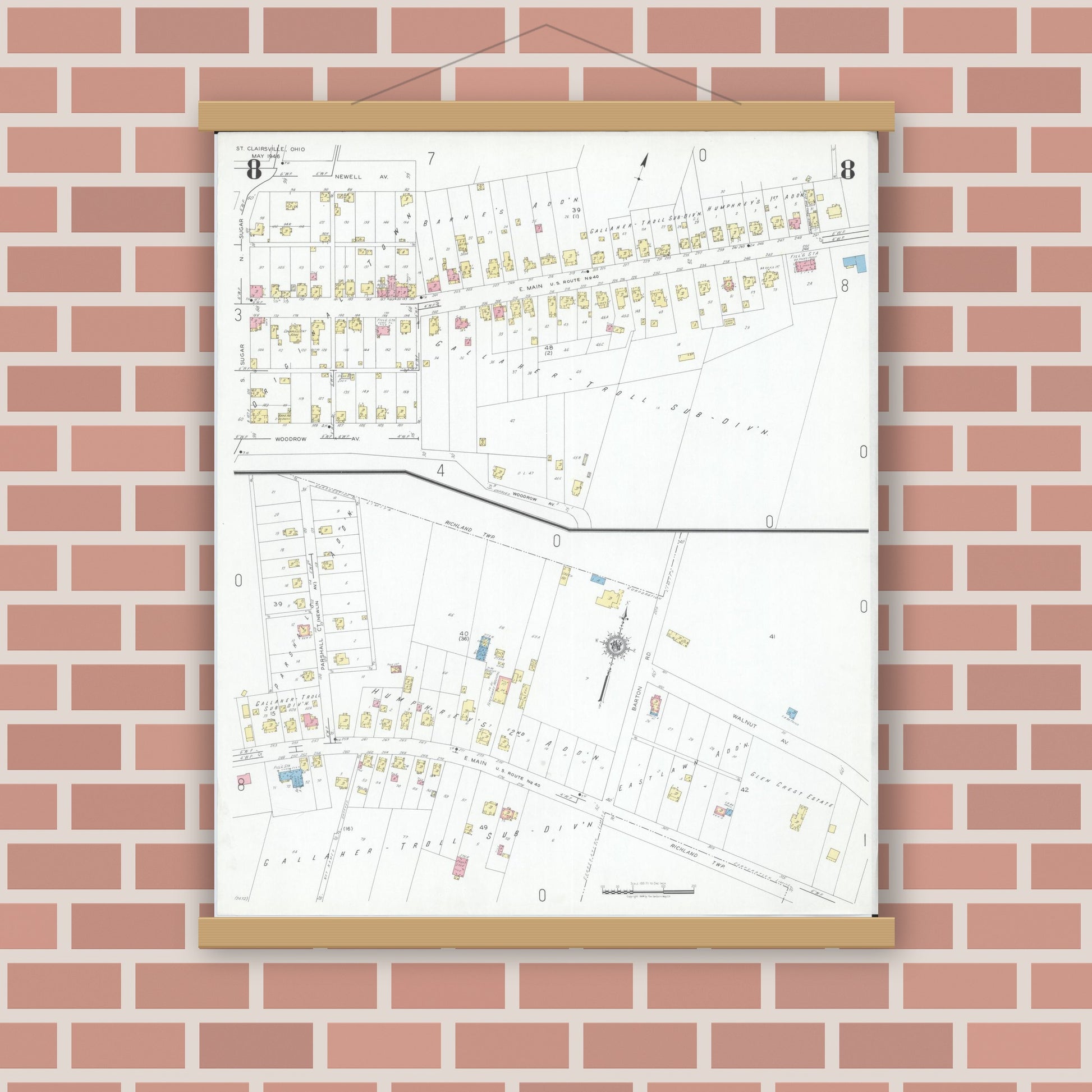 Old map wall art mockup — magnetic wood frame on brick wall — Sanborn Fire Insurance Map from Saint Clairsville, Belmont County, Ohio (1946), Sheet #0008