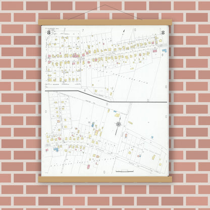 Old map wall art mockup — magnetic wood frame on brick wall — Sanborn Fire Insurance Map from Saint Clairsville, Belmont County, Ohio (1946), Sheet #0008