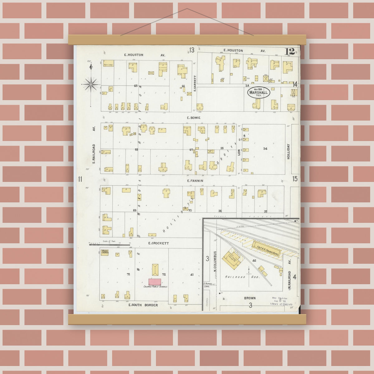 Old map wall art mockup — magnetic wood frame on brick wall — Sanborn Fire Insurance Map from Marshall, Harrison County, Texas (1899), Sheet #0012