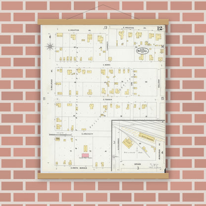 Old map wall art mockup — magnetic wood frame on brick wall — Sanborn Fire Insurance Map from Marshall, Harrison County, Texas (1899), Sheet #0012