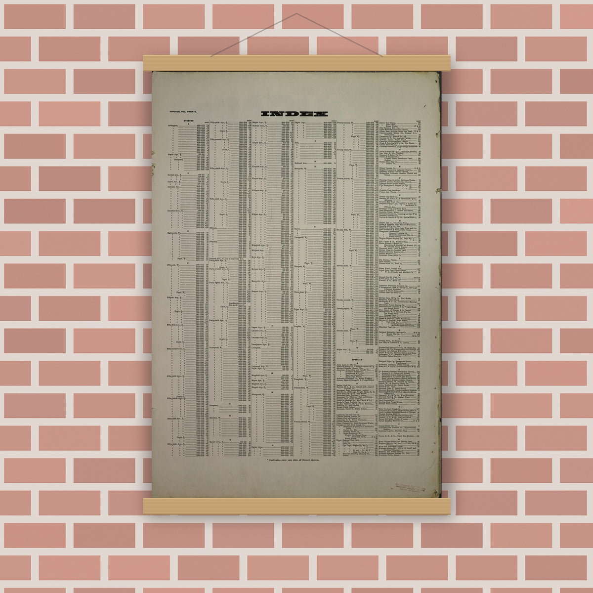 Old map wall art mockup — magnetic wood frame on brick wall — Sanborn Fire Insurance Map from Chicago, Cook County, Illinois (1918), Sheet #0001