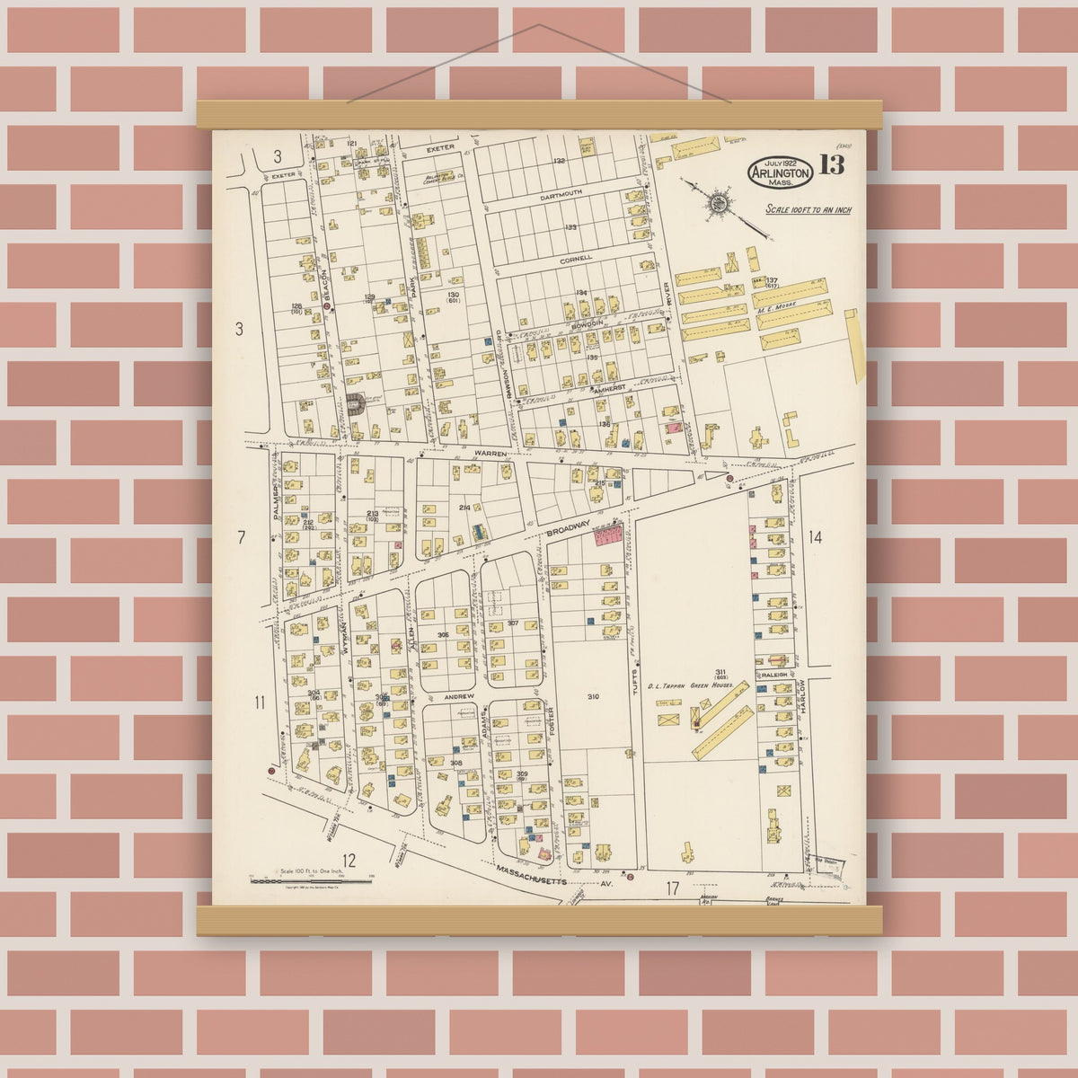 Old map wall art mockup — magnetic wood frame on brick wall — Sanborn Fire Insurance Map from Arlington, Middlesex County, Massachusetts (1922), Sheet #0013