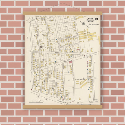 Old map wall art mockup — magnetic wood frame on brick wall — Sanborn Fire Insurance Map from Arlington, Middlesex County, Massachusetts (1922), Sheet #0013
