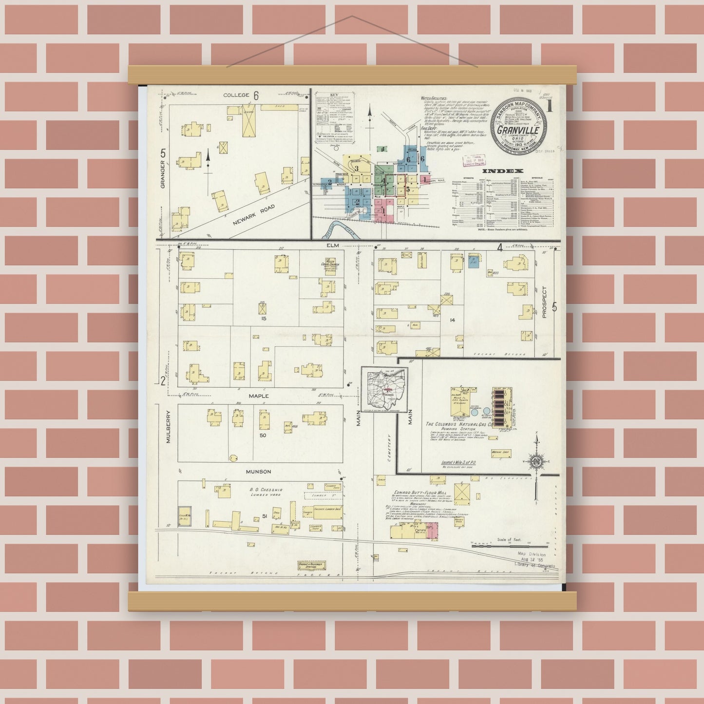 Old map wall art mockup — magnetic wood frame on brick wall — Sanborn Fire Insurance Map from Granville, Licking County, Ohio (1913) - Complete Map Set