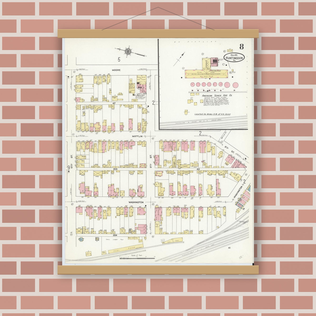 Old map wall art mockup — magnetic wood frame on brick wall — Sanborn Fire Insurance Map from Huntingdon, Huntingdon County, Pennsylvania (1911), Sheet #0008