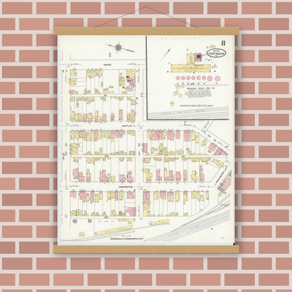 Old map wall art mockup — magnetic wood frame on brick wall — Sanborn Fire Insurance Map from Huntingdon, Huntingdon County, Pennsylvania (1911), Sheet #0008