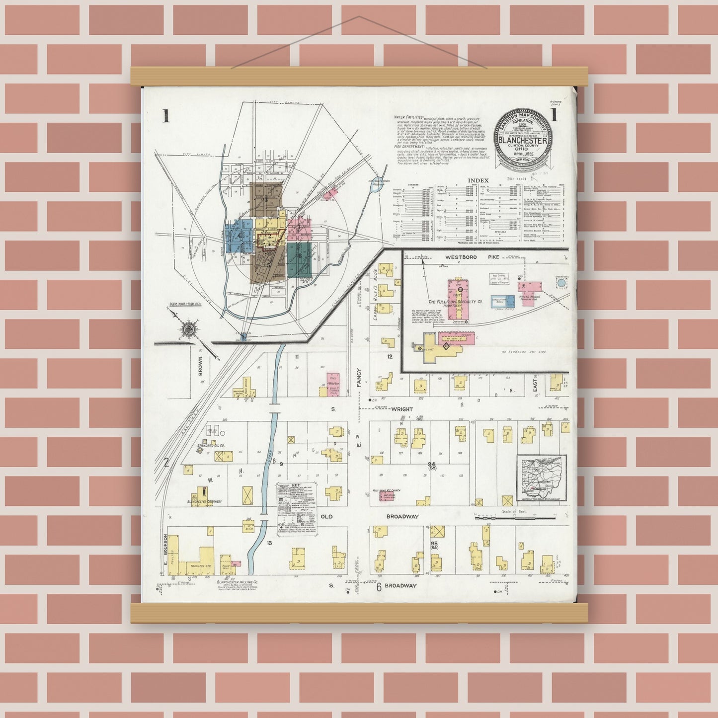 Old map wall art mockup — magnetic wood frame on brick wall — Sanborn Fire Insurance Map from Blanchester, Clinton County, Ohio (1925) - Complete Map Set