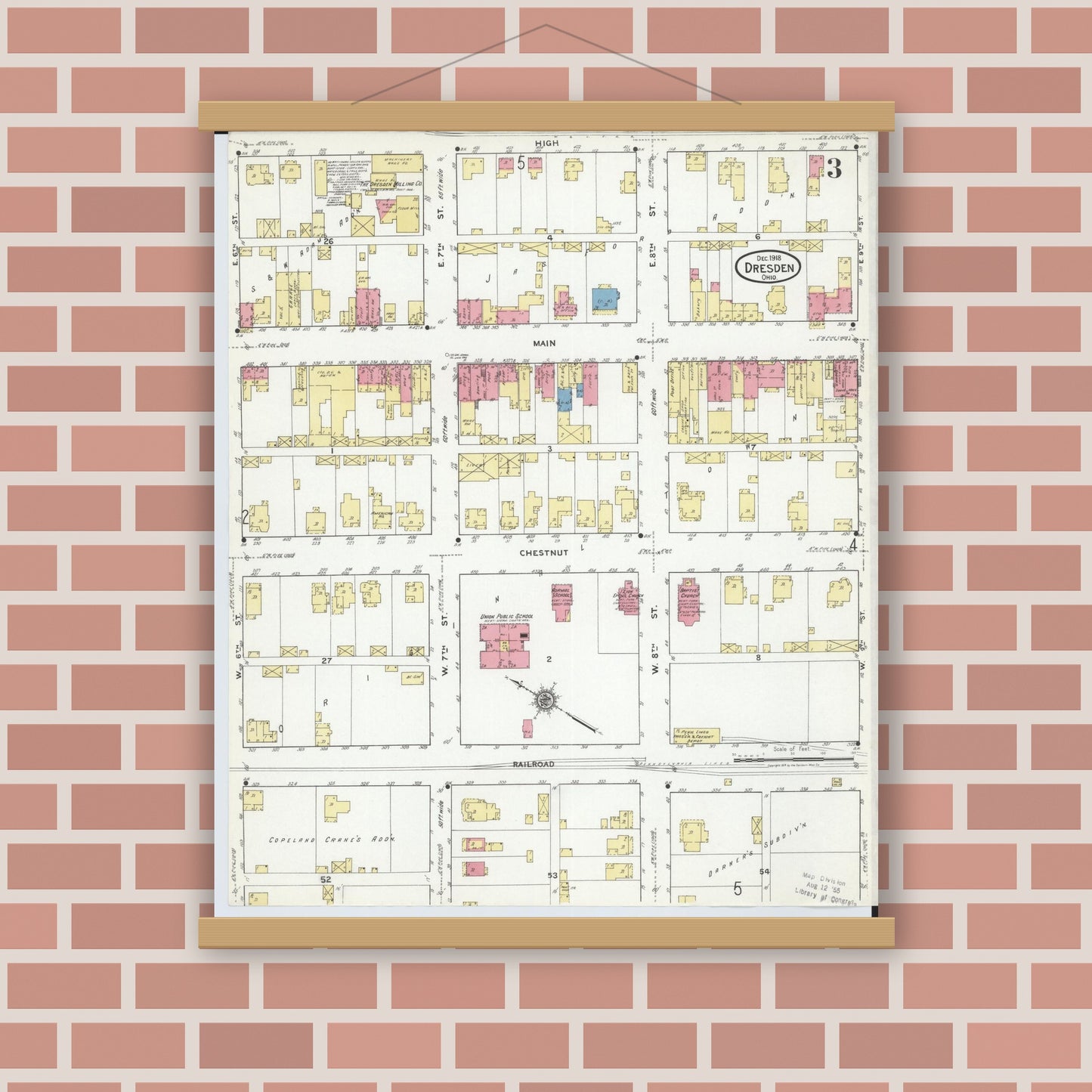 Old map wall art mockup — magnetic wood frame on brick wall — Sanborn Fire Insurance Map from Dresden, Muskingum County, Ohio (1918), Sheet #0003