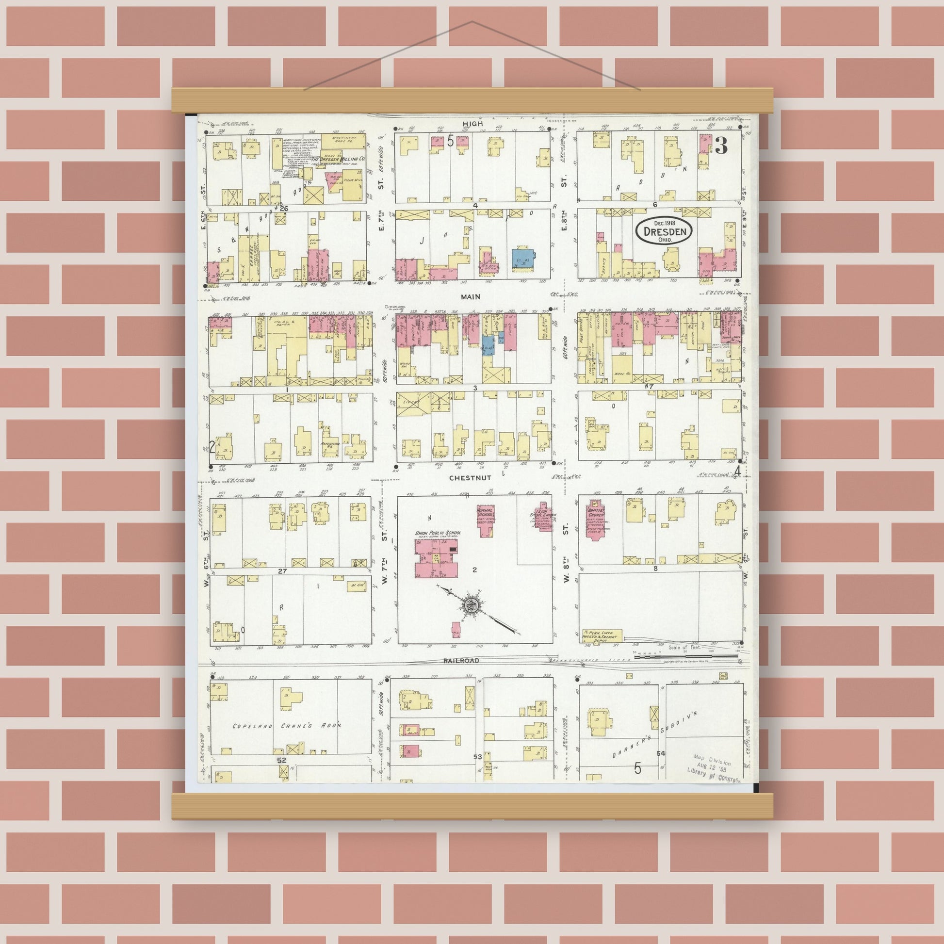 Old map wall art mockup — magnetic wood frame on brick wall — Sanborn Fire Insurance Map from Dresden, Muskingum County, Ohio (1918), Sheet #0003