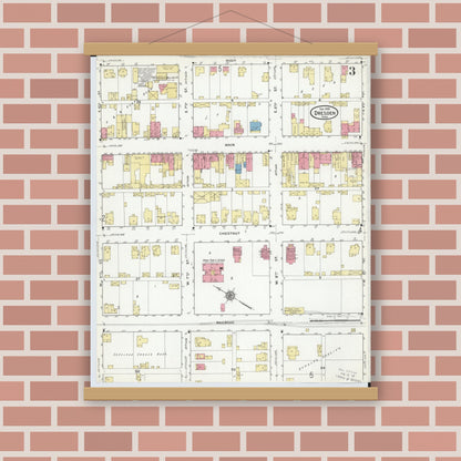 Old map wall art mockup — magnetic wood frame on brick wall — Sanborn Fire Insurance Map from Dresden, Muskingum County, Ohio (1918), Sheet #0003
