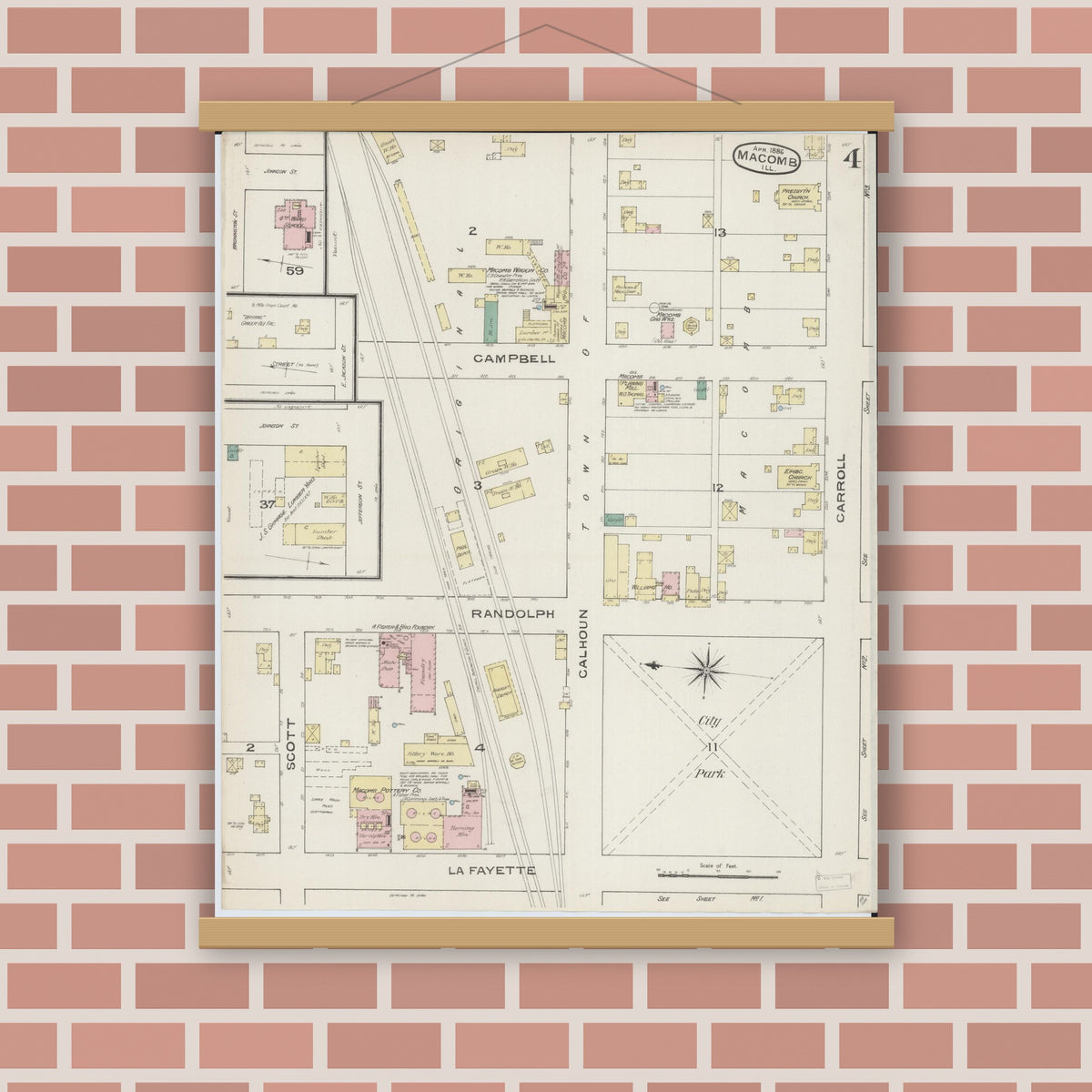 Old map wall art mockup — magnetic wood frame on brick wall — Sanborn Fire Insurance Map from Macomb, Mcdonough County, Illinois (1886), Sheet #0004