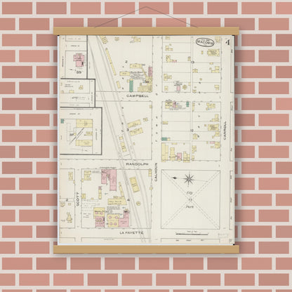 Old map wall art mockup — magnetic wood frame on brick wall — Sanborn Fire Insurance Map from Macomb, Mcdonough County, Illinois (1886), Sheet #0004