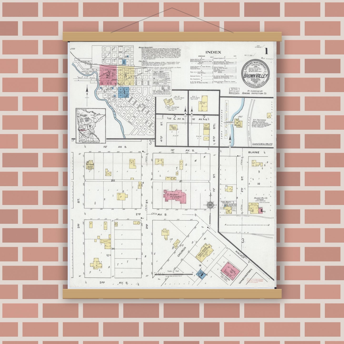 Old map wall art mockup — magnetic wood frame on brick wall — Sanborn Fire Insurance Map from Browns Valley, Traverse County, Minnesota (1919) - Complete Map Set