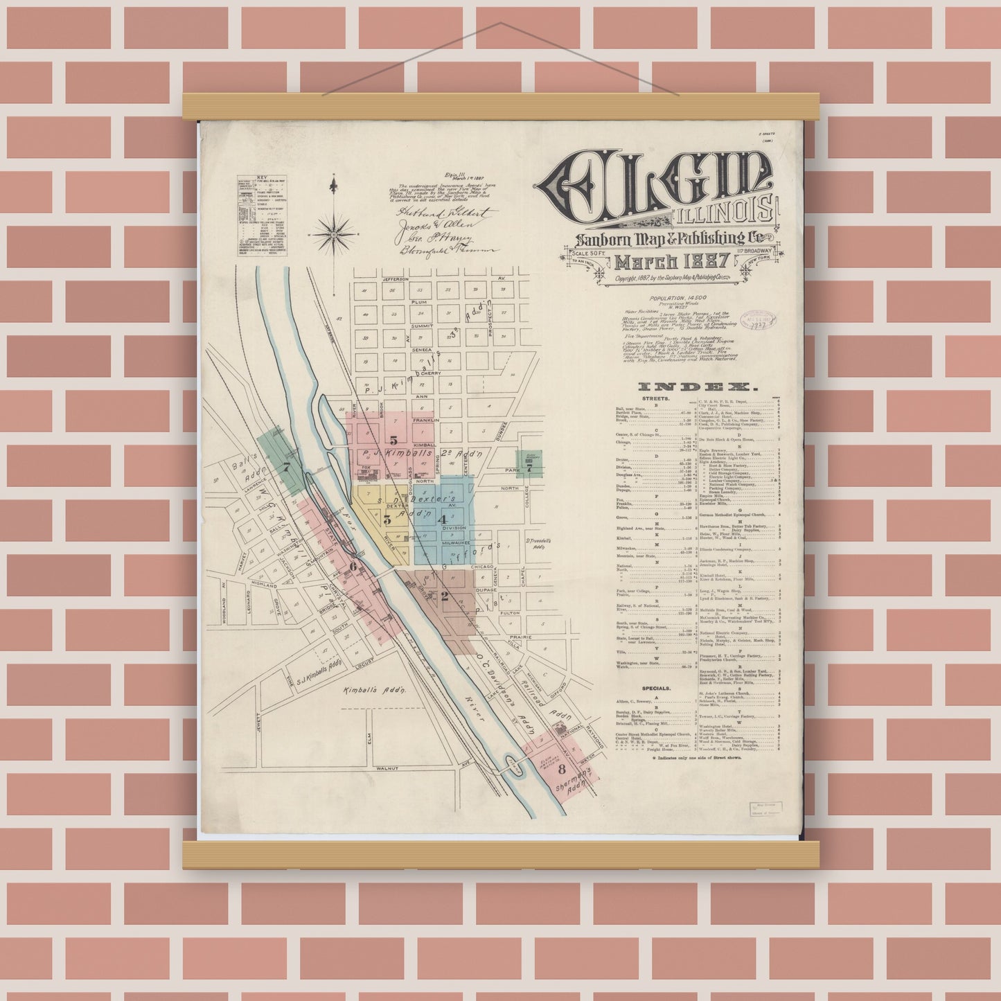 Old map wall art mockup — magnetic wood frame on brick wall — Sanborn Fire Insurance Map from Elgin, Kane County, Illinois (1887) - Complete Map Set