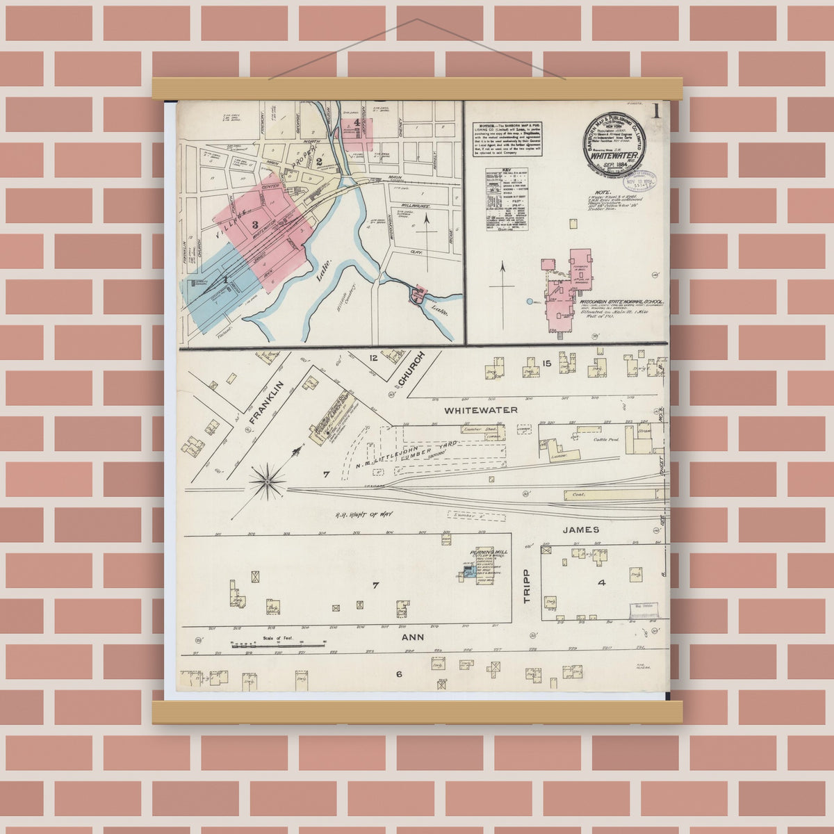 Old map wall art mockup — magnetic wood frame on brick wall — Sanborn Fire Insurance Map from Whitewater, Walworth County, Wisconsin (1884) - Complete Map Set