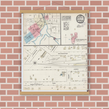 Old map wall art mockup — magnetic wood frame on brick wall — Sanborn Fire Insurance Map from Whitewater, Walworth County, Wisconsin (1884) - Complete Map Set