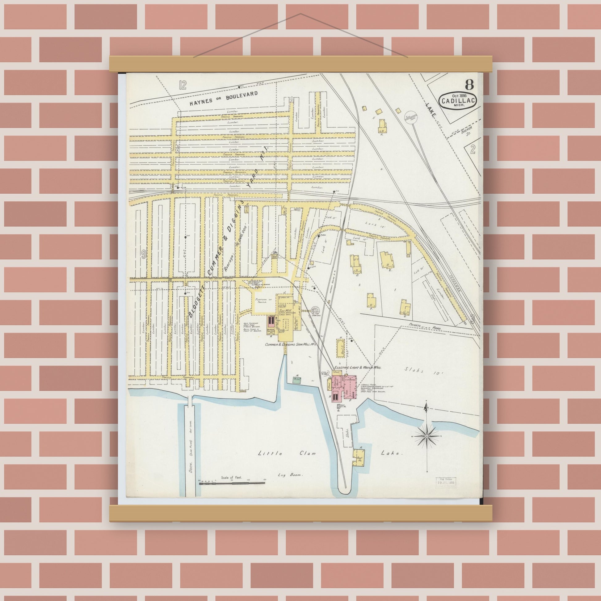 Old map wall art mockup — magnetic wood frame on brick wall — Sanborn Fire Insurance Map from Cadillac, Wexford County, Michigan (1895), Sheet #0008