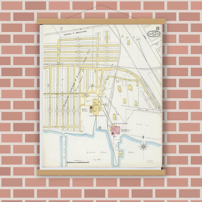 Old map wall art mockup — magnetic wood frame on brick wall — Sanborn Fire Insurance Map from Cadillac, Wexford County, Michigan (1895), Sheet #0008