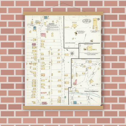 Old map wall art mockup — magnetic wood frame on brick wall — Sanborn Fire Insurance Map from Slatington, Lehigh County, Pennsylvania (1908), Sheet #0009