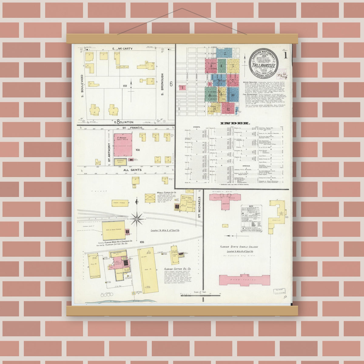 Old map wall art mockup — magnetic wood frame on brick wall — Sanborn Fire Insurance Map from Tallahassee, Leon County, Florida (1909) - Complete Map Set
