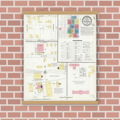 Old map wall art mockup — magnetic wood frame on brick wall — Sanborn Fire Insurance Map from Tallahassee, Leon County, Florida (1909) - Complete Map Set