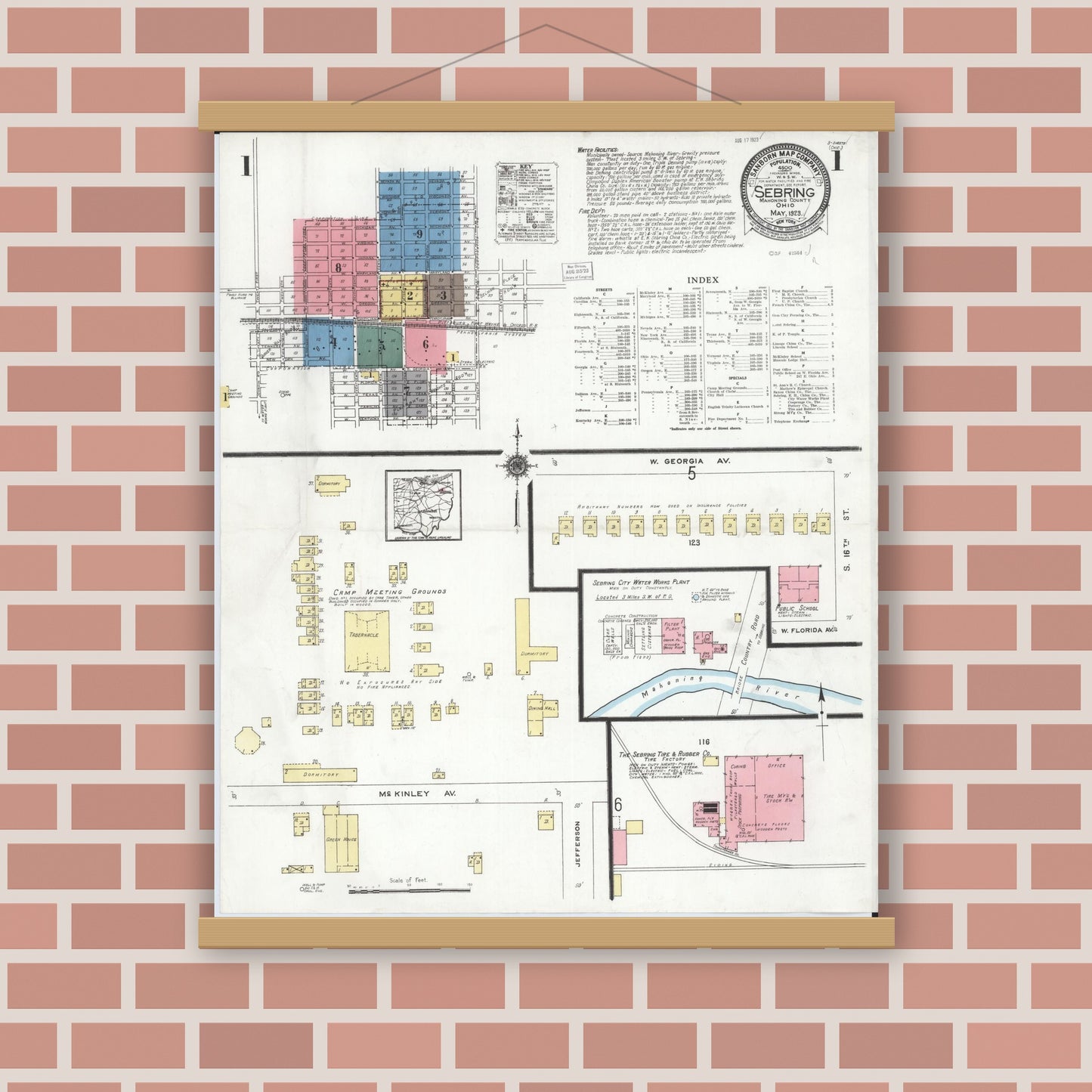 Old map wall art mockup — magnetic wood frame on brick wall — Sanborn Fire Insurance Map from Sebring, Mahoning County, Ohio (1923), Sheet #0001