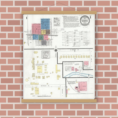 Old map wall art mockup — magnetic wood frame on brick wall — Sanborn Fire Insurance Map from Sebring, Mahoning County, Ohio (1923), Sheet #0001