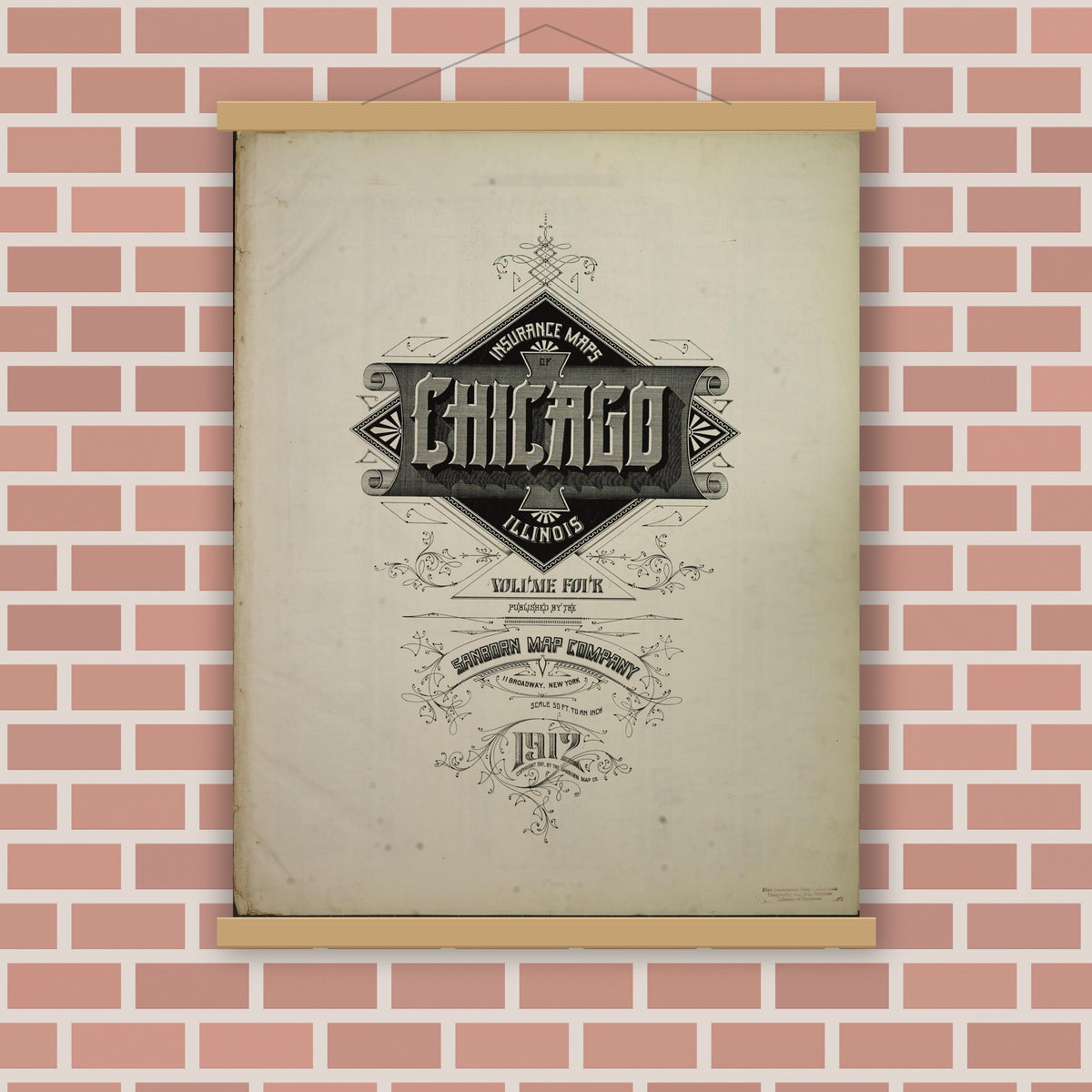 Old map wall art mockup — magnetic wood frame on brick wall — Sanborn Fire Insurance Map from Chicago, Cook County, Illinois (1912), Sheet #0001