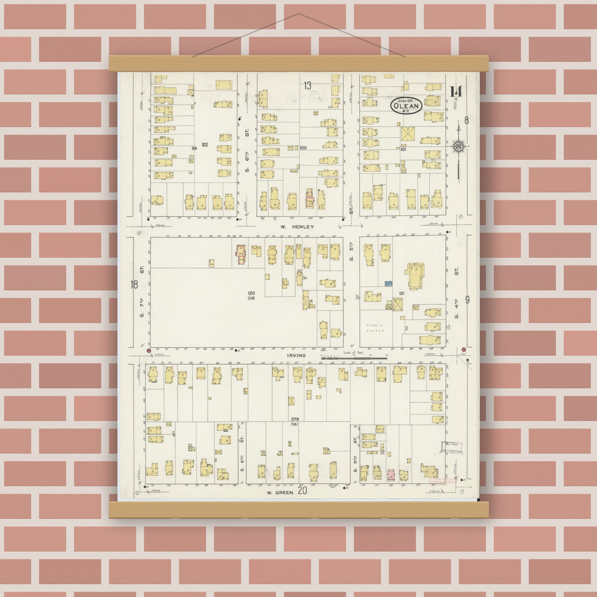 Old map wall art mockup — magnetic wood frame on brick wall — Sanborn Fire Insurance Map from Olean, Cattaraugus County, New York (1915), Sheet #0014