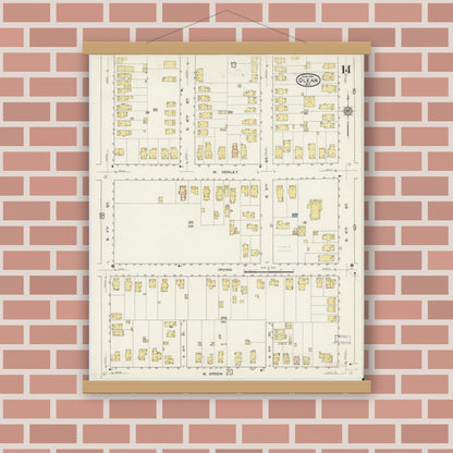 Old map wall art mockup — magnetic wood frame on brick wall — Sanborn Fire Insurance Map from Olean, Cattaraugus County, New York (1915), Sheet #0014