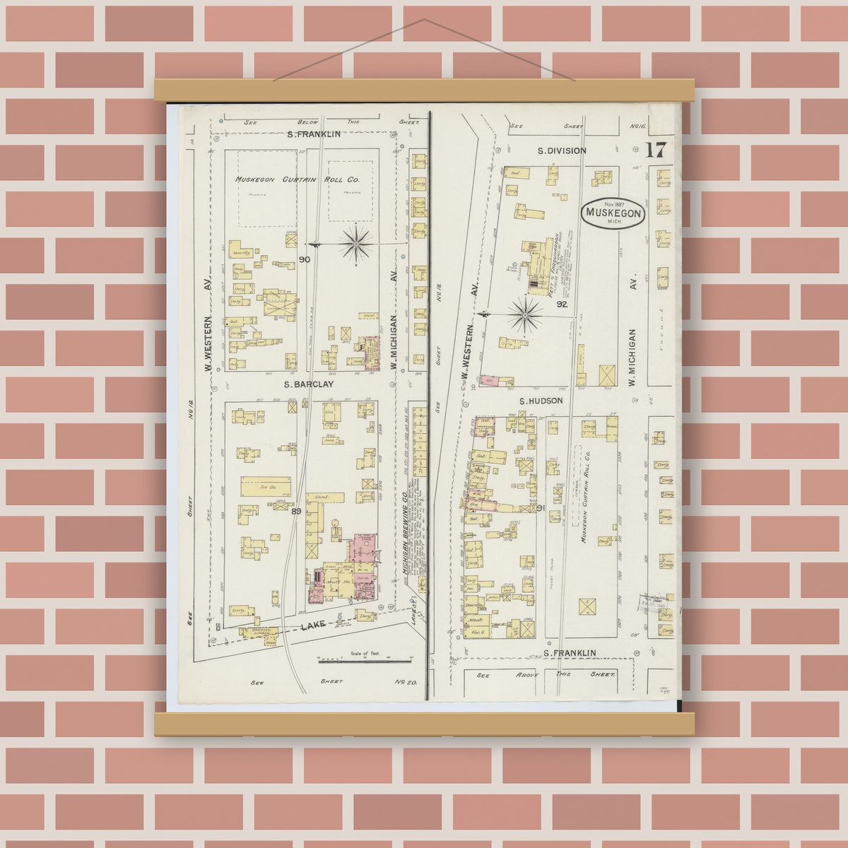 Old map wall art mockup — magnetic wood frame on brick wall — Sanborn Fire Insurance Map from Muskegon, Muskegon County, Michigan (1887), Sheet #0017