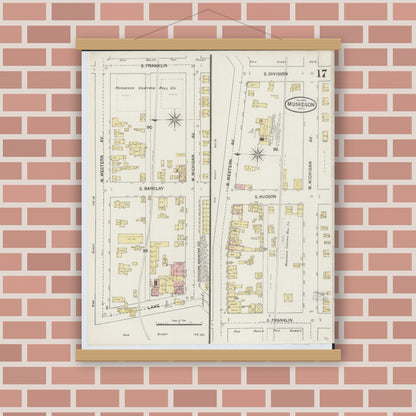 Old map wall art mockup — magnetic wood frame on brick wall — Sanborn Fire Insurance Map from Muskegon, Muskegon County, Michigan (1887), Sheet #0017