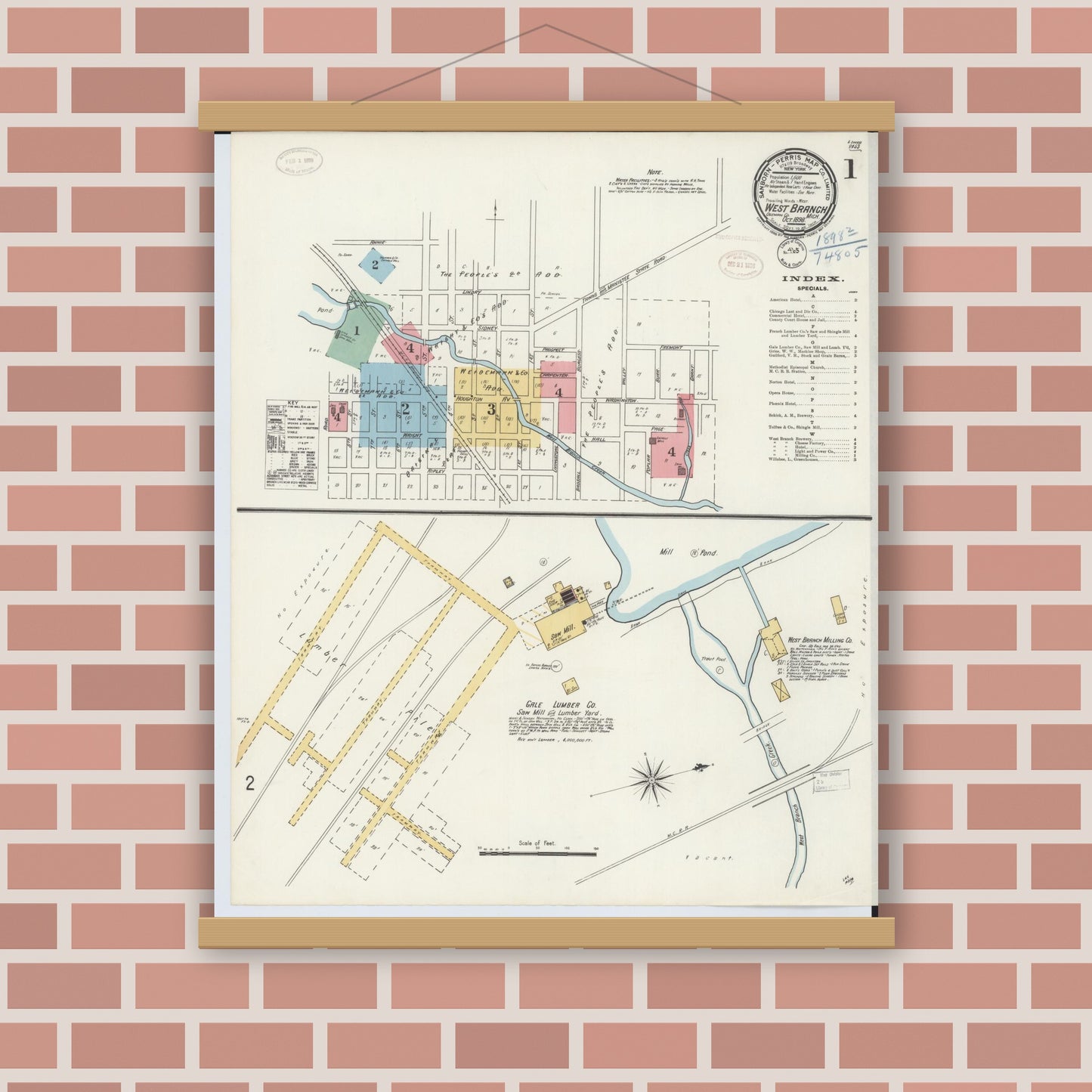 Old map wall art mockup — magnetic wood frame on brick wall — Sanborn Fire Insurance Map from West Branch, Ogemaw County, Michigan (1898), Sheet #0001