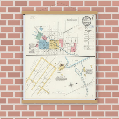 Old map wall art mockup — magnetic wood frame on brick wall — Sanborn Fire Insurance Map from West Branch, Ogemaw County, Michigan (1898), Sheet #0001