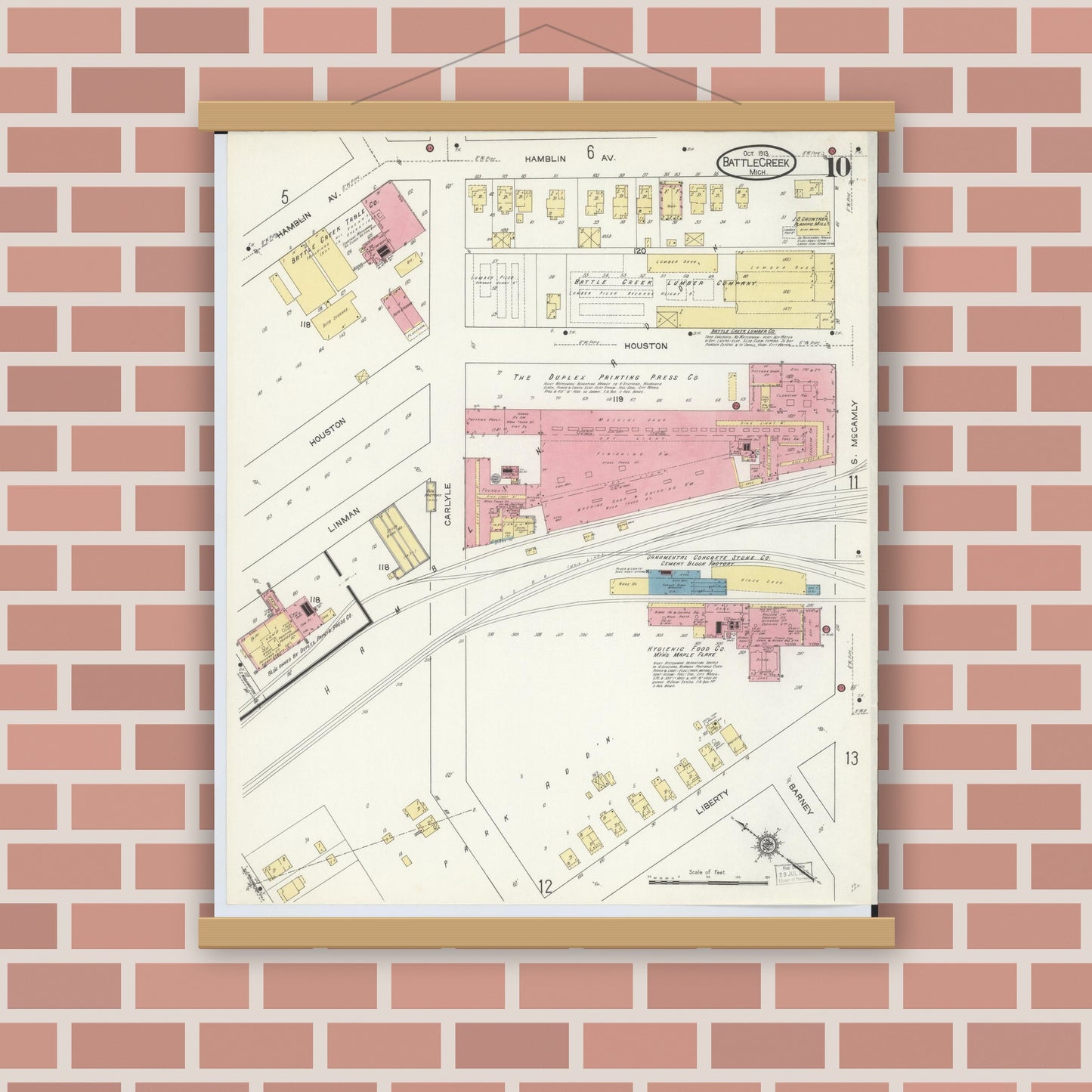Old map wall art mockup — magnetic wood frame on brick wall — Sanborn Fire Insurance Map from Battle Creek, Calhoun County, Michigan (1913), Sheet #0010