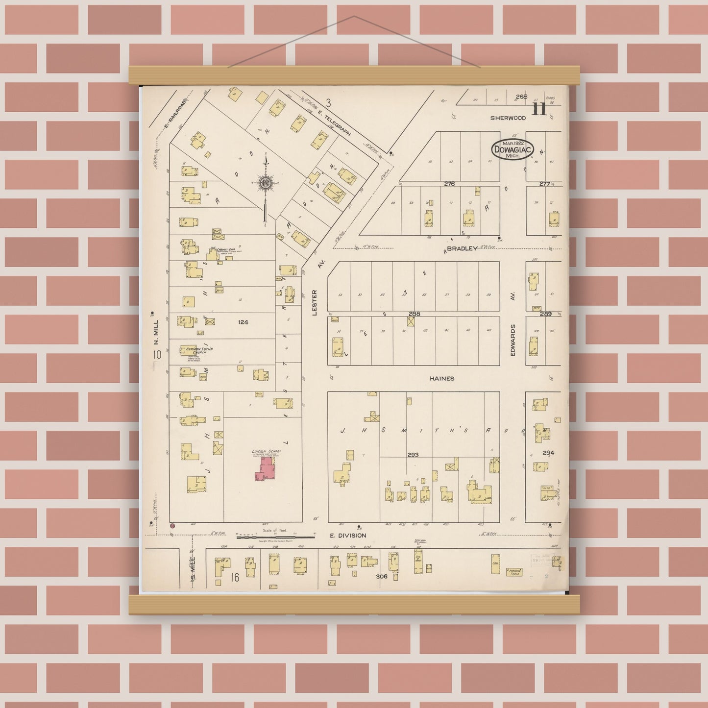 Old map wall art mockup — magnetic wood frame on brick wall — Sanborn Fire Insurance Map from Dowagiac, Cass County, Michigan (1922), Sheet #0011