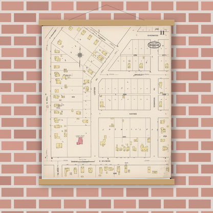 Old map wall art mockup — magnetic wood frame on brick wall — Sanborn Fire Insurance Map from Dowagiac, Cass County, Michigan (1922), Sheet #0011