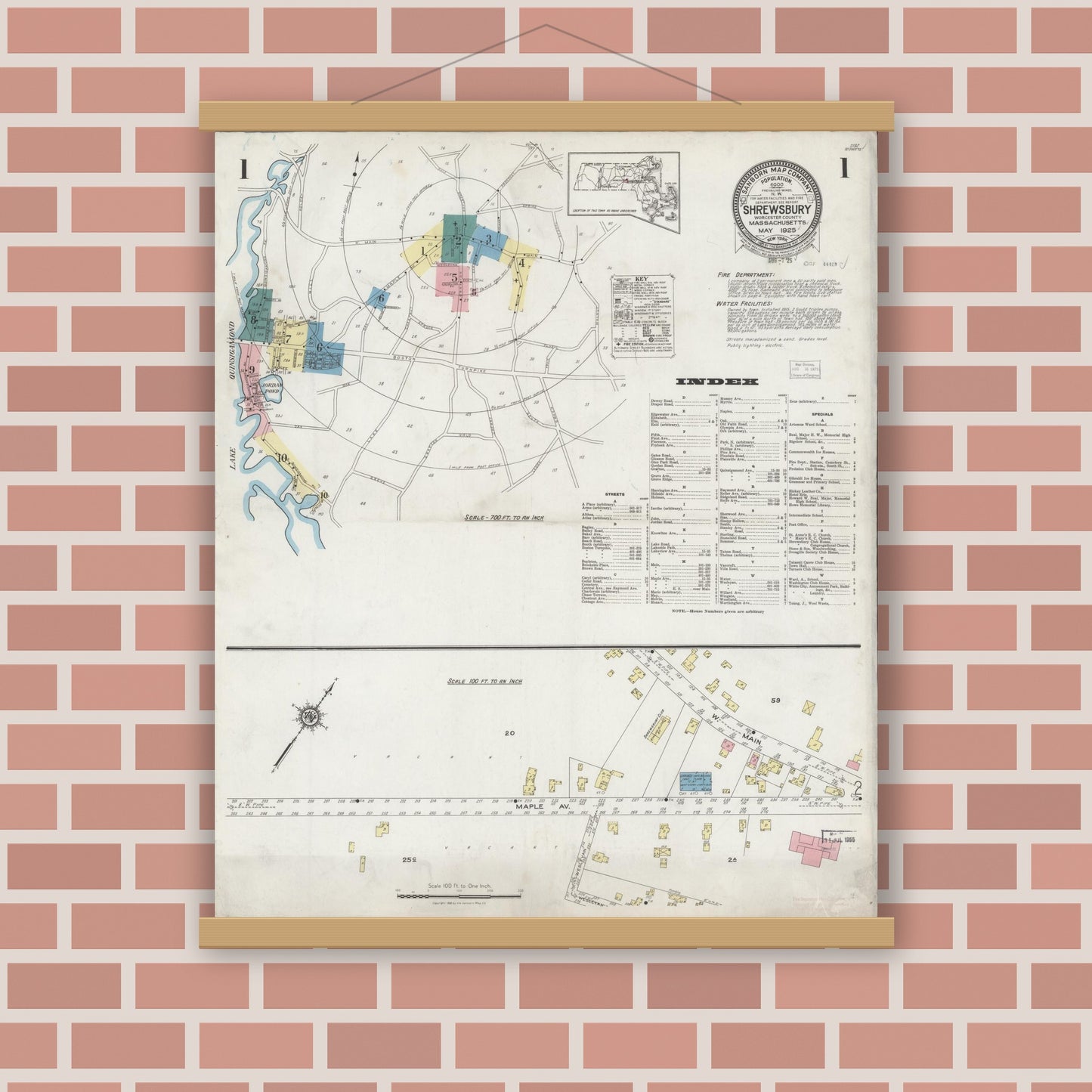 Old map wall art mockup — magnetic wood frame on brick wall — Sanborn Fire Insurance Map from Shrewsbury, Worcester County, Massachusetts (1925) - Complete Map Set