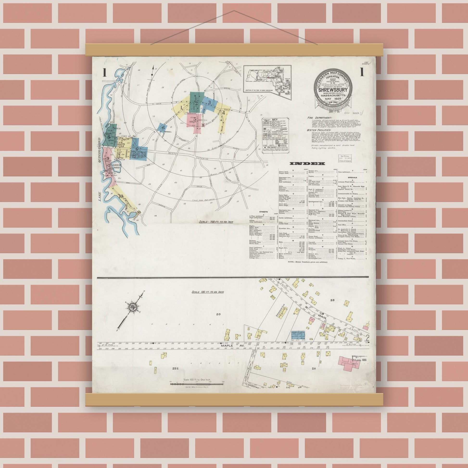Old map wall art mockup — magnetic wood frame on brick wall — Sanborn Fire Insurance Map from Shrewsbury, Worcester County, Massachusetts (1925) - Complete Map Set